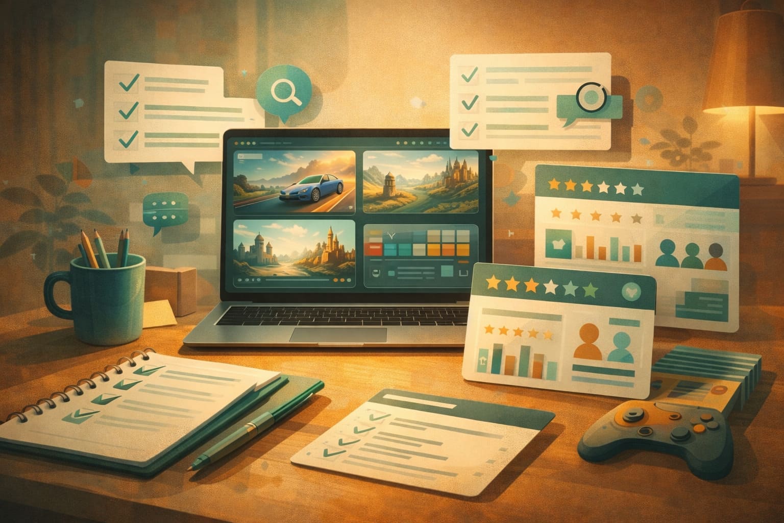 Processo editoriale di analisi con dashboard, checklist e confronto fra piattaforme di gioco.