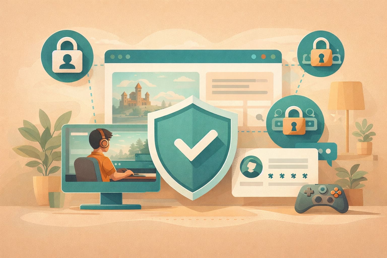 Illustrazione editoriale dedicata a privacy, sicurezza dell'account e controllo familiare nel gioco online.